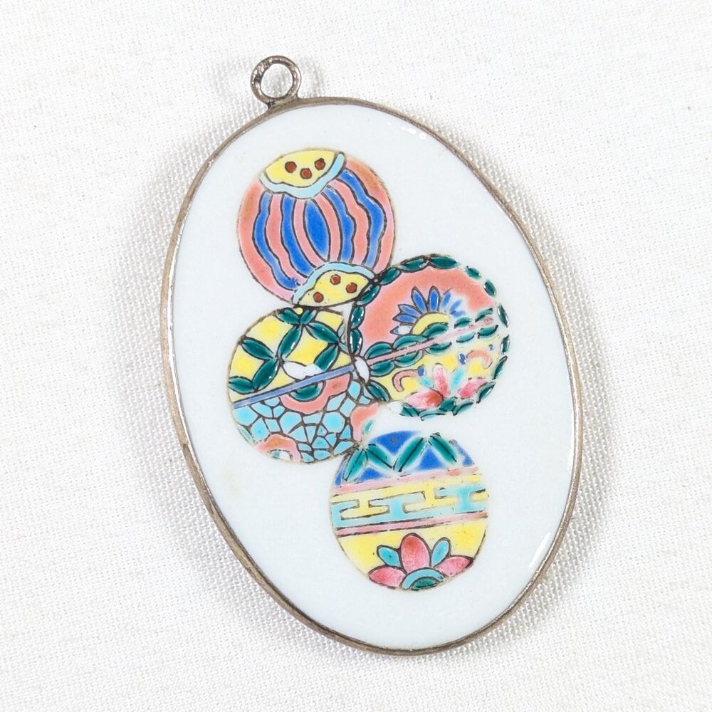 Vintage oval pottery pendant, pastel glaze toy balls Chinese repurposed pottery